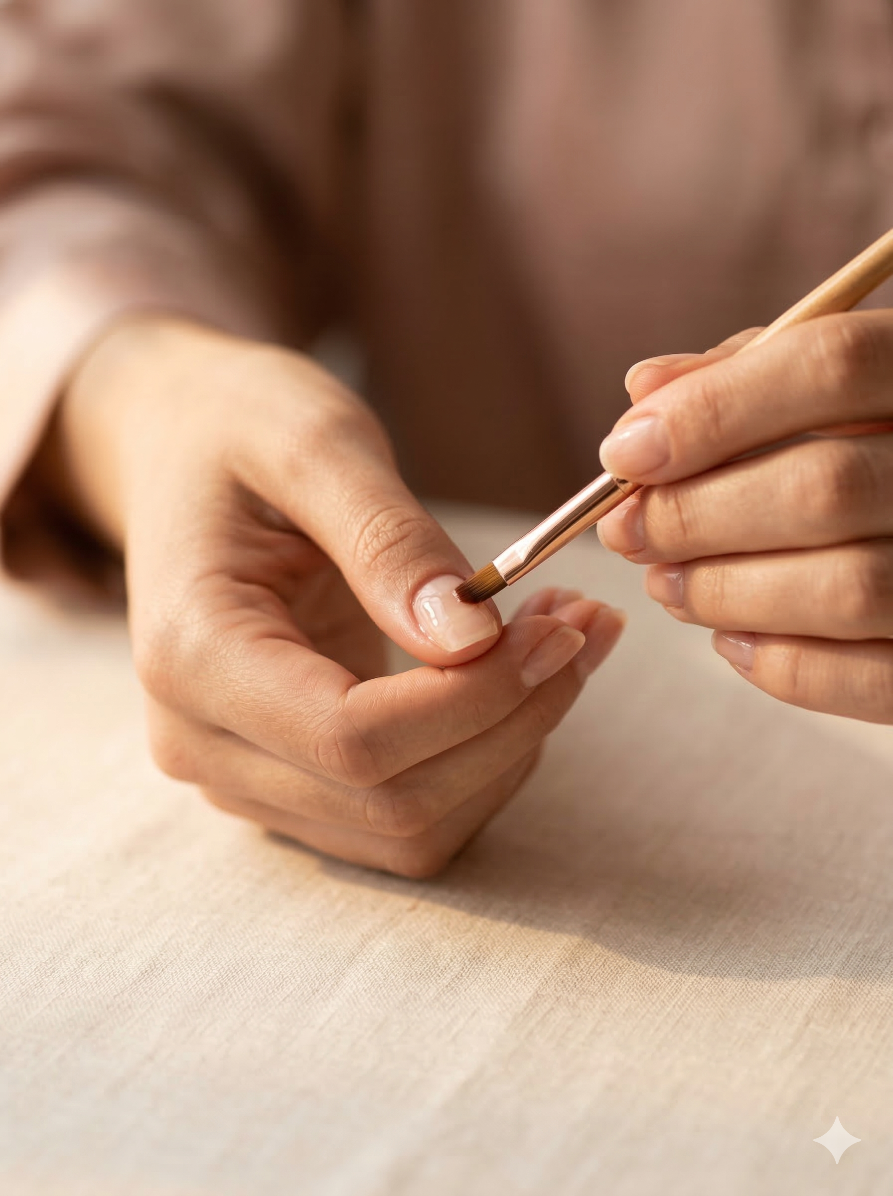 Close-up of hands with freshly applied HEMA-free gel nails under warm natural light